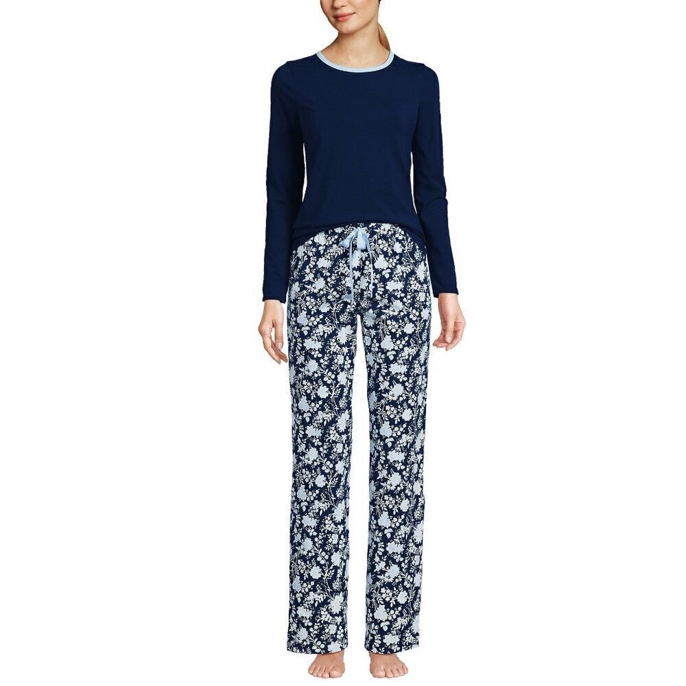 Lands End Womens Navy Floral Knit Pajama Set Long Sleeve TShirt Pants New Small